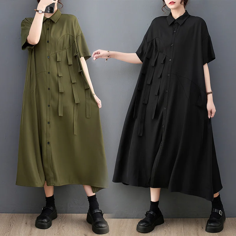 #0171 Black Green Long Shirt Dress Women Ribbons Loose Midi Dress Female Short Sleeve Loose Irregular Front Button Shirt Dress