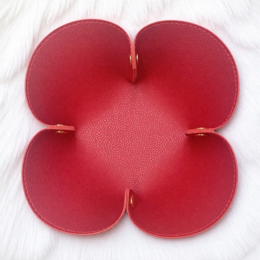 Faux Leather Valet Tray Foldable Flower Shaped Jewelry Tray Solid Color Bedside Valet Holder for Rings, Watches, Earrings