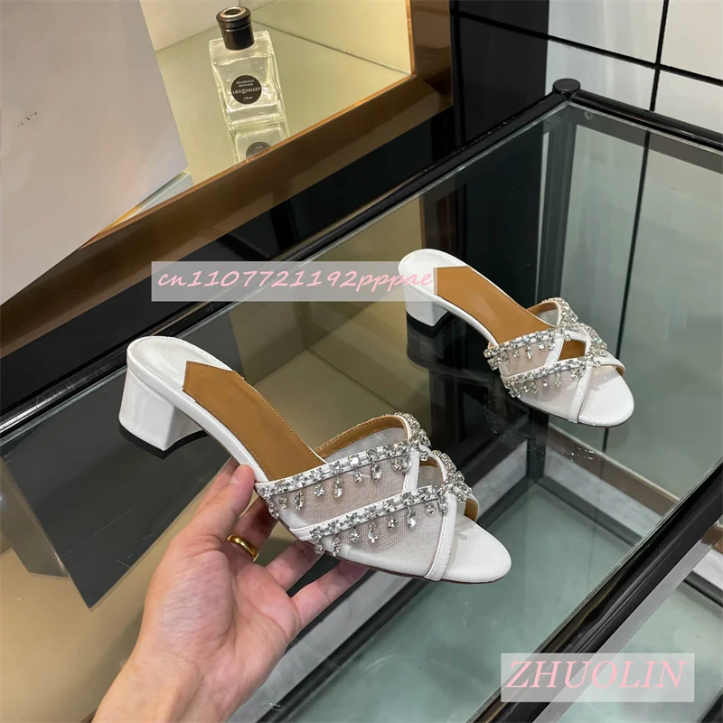 

Summer White Rhinestone Wedding Shoes For Women Round Toe Thick Heel Shallow Mouth Slippers Elegant Luxury Outdoor Dress Sandals