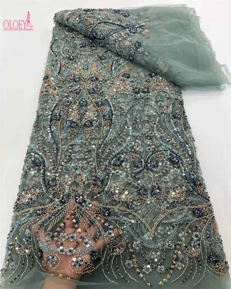 

OLOEYHigh Quality African Lace Fabric Sequins Mesh Luxury Heavy bead Embroidered Tulle Fabric for Sewing Dresses