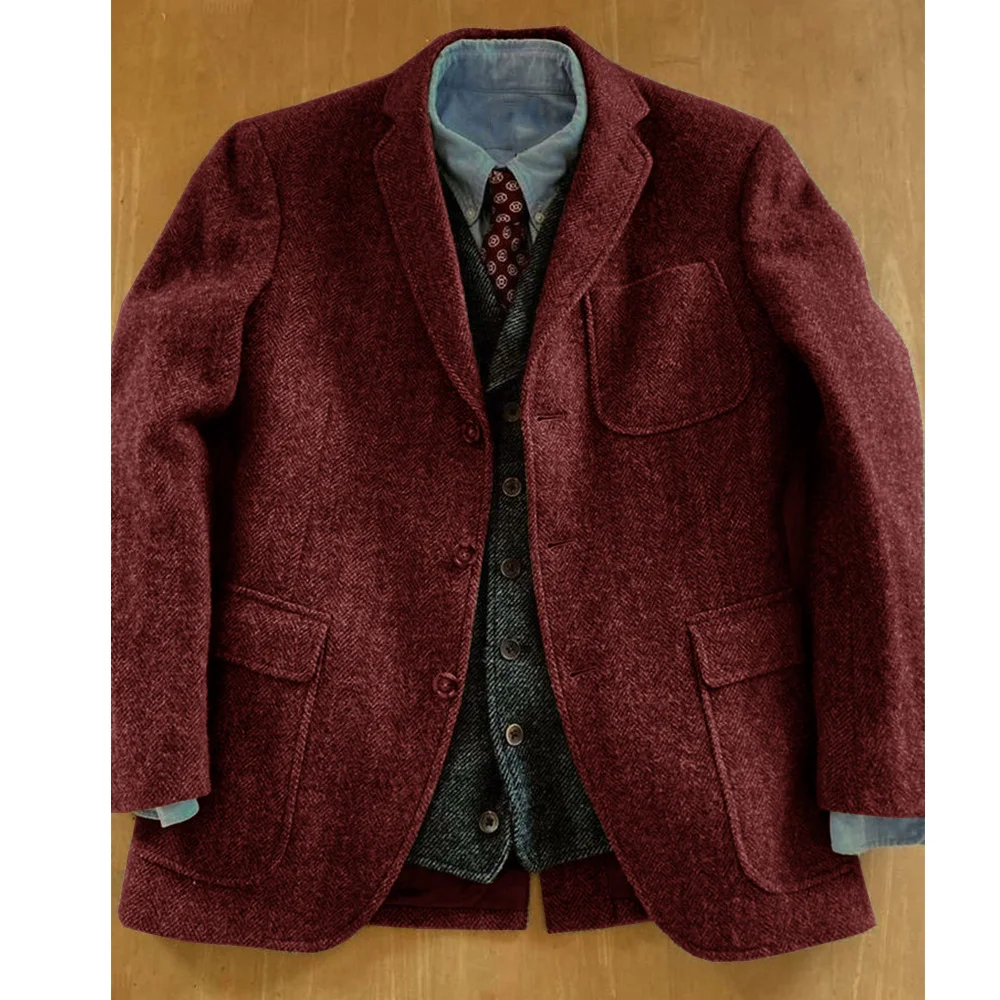 Blazer para hombre en espiga, chaqueta ajustada con una botonadura, traje con cuello y bolsillos con solapa, moda informal, elegante y cómoda 2024