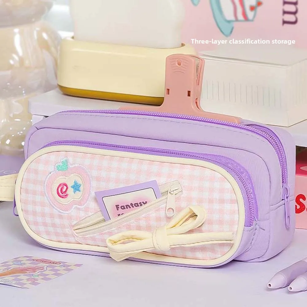 Handheld Korean Bow Stationery Bag Fruit Cherry Cake Print Desktop Storage Korean Fruit Pencil Case Large Capacity Embroidery