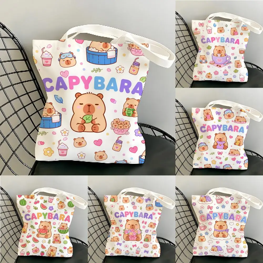 Cute Cartoon Kapibala Storage Bags Canvas Tote Bag Large Capacity Shoulder Shopper Eco Multi-Purpose Handbag