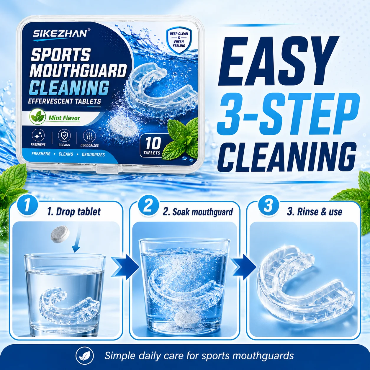 SIKEZHAN 10PCS Mouthguard Cleaner Tablets, Fast-Dissolving Mint Cleaning Tablets for Sports Mouthpieces and Protective Dental