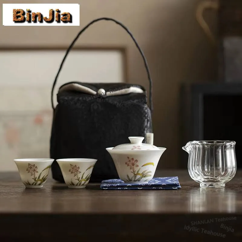 

Набор чашек с покрытием из магнолии ручной росписи, Эксклюзивный портативный тканевый пакет, комплект для путешествий, эстетичная 1 чашка, 2 чашки, для изготовления чая, пакеты в наличии, подарок