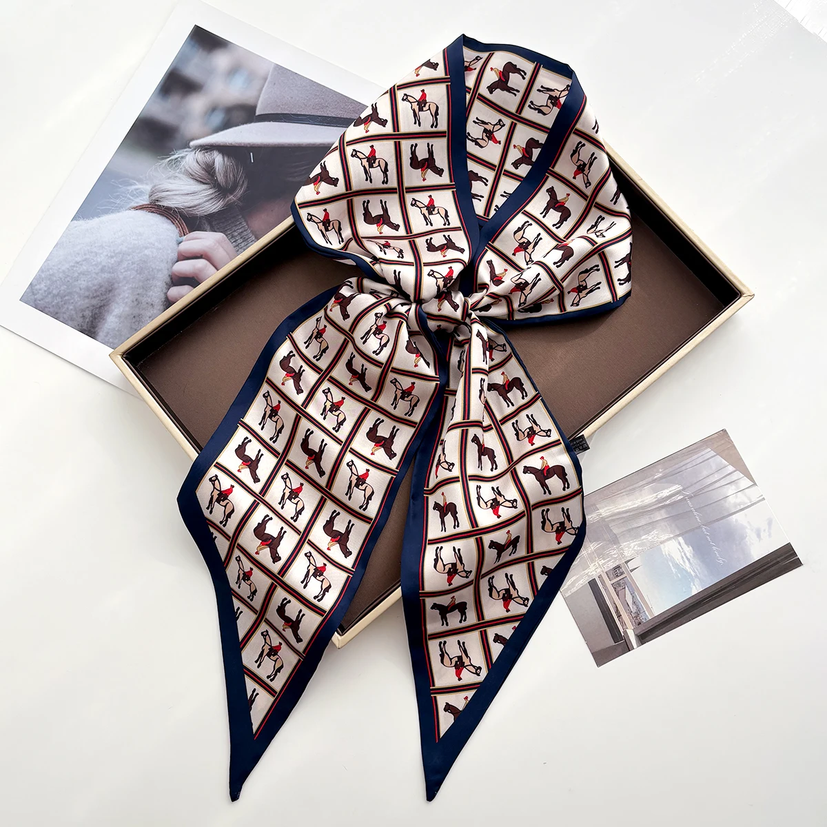 

Long Silk Bag Tie Neck Skinny Scarf Hairband Foulard Horse Print Brand Lady Neckerchief Ribbon Spring New