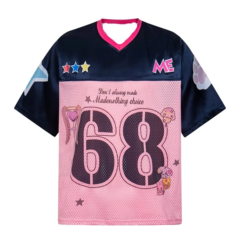 

College Style Contrasting Cartoon 3D Printed V-neck Jersey for Women's Mesh Breathable Short Sleeved Casual Quick Drying Top