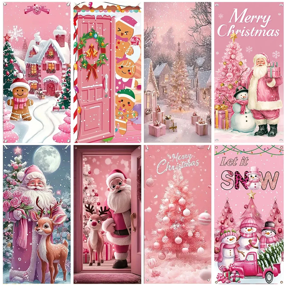 

Pink Christmas Door Cover Decoration Santa Claus Elk Gingerbread Man Background Snowman Banner Winter Prop Gift Party Supplies