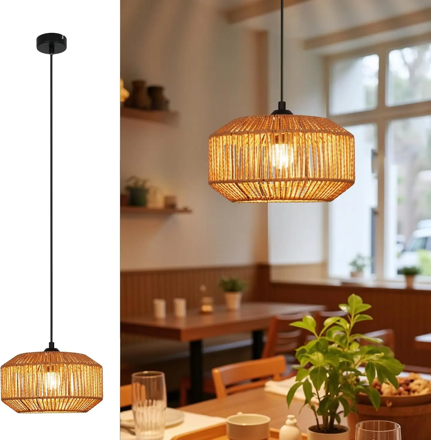 Hängelampe Vintage Pendelleuchte Esstisch - Φ25 Boho Hängeleuchte Retro 1flammig Esszimmerlampe Rattan Design mit E27 Fassung für Esszimmer Schlafzimmer Wohnzimmer Flur Küche/Ohne Leuchtmittel