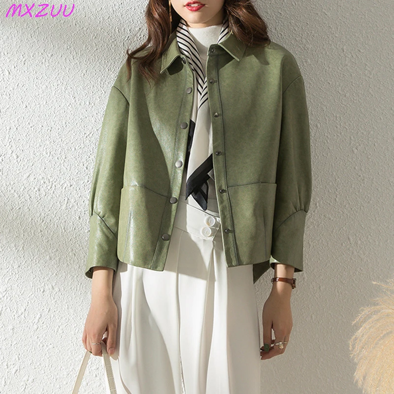 Sheepskin Coat Spring Autumn Women Matcha/Black Short Locomotive Casual Loose Lapel Single-Breasted Leather Jacket Blouses Femme