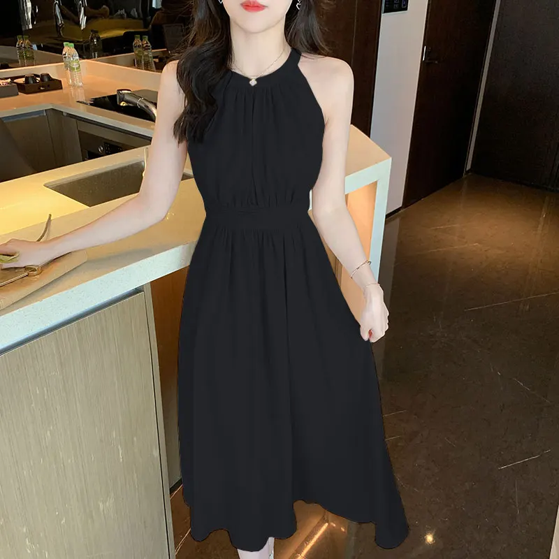 

Coigarsam Women One Piece Korean Dress Summer 2024 Office Lady Solid Chiffon Sleeveless High Waist O-Neck Black Dresses