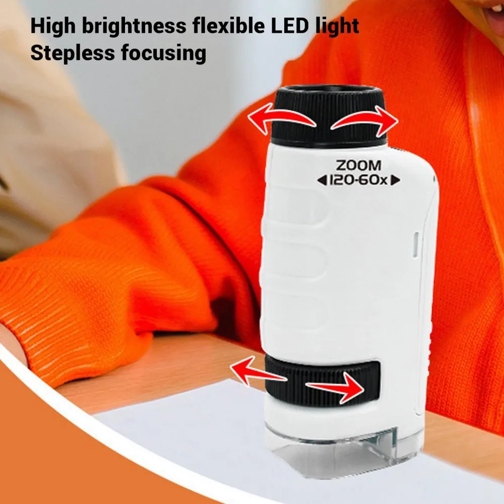 60-120x Educational Pocket Microscope Kids Science Toy KitMini Handheld Microscope with LED Light Outdoor Children Toy