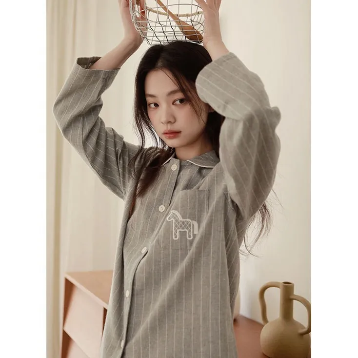 Couple 100% Cotton Flannel Pajama Set Embroidered Horse Warm Striped Sleepwear Women Men Double Brushed Home Loungewear