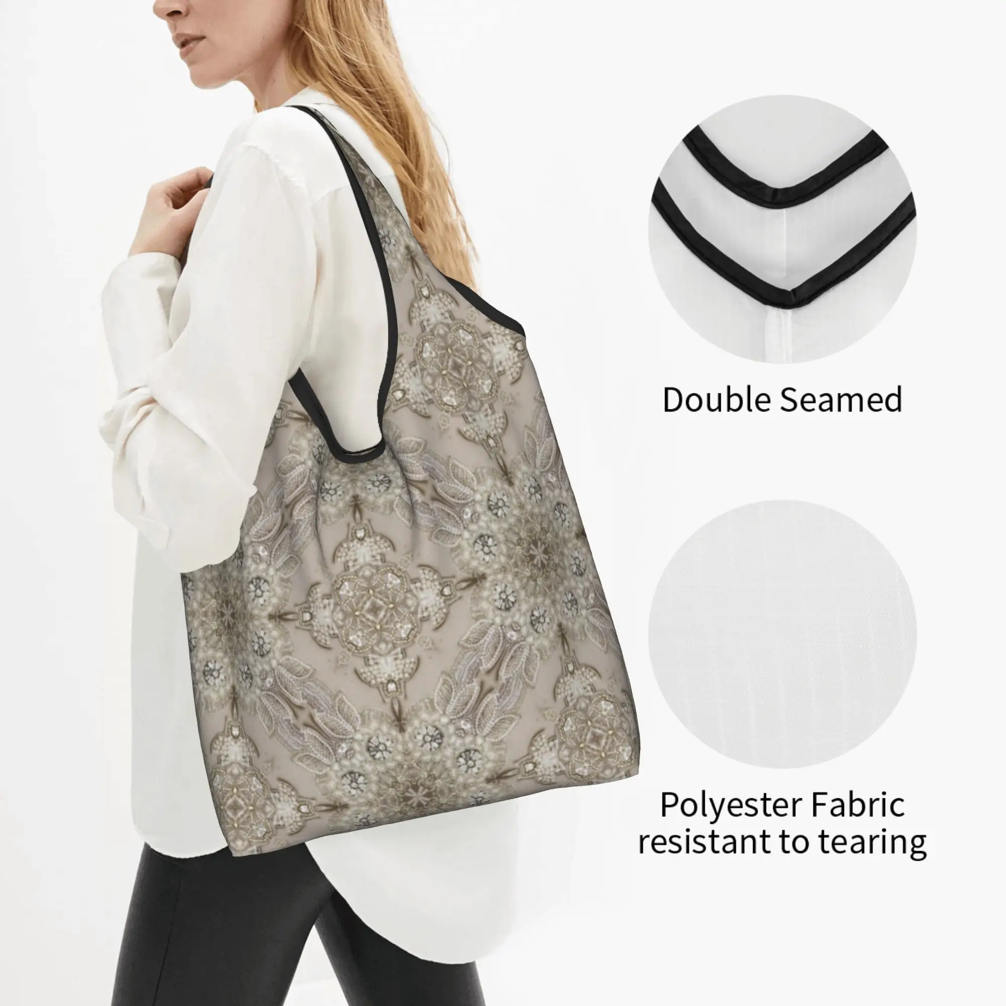 Fashion Print Vintage Rhinestone Pearl Tote Shopping Bags Portable Shopper Shoulder Crystals Diamonds Handbag