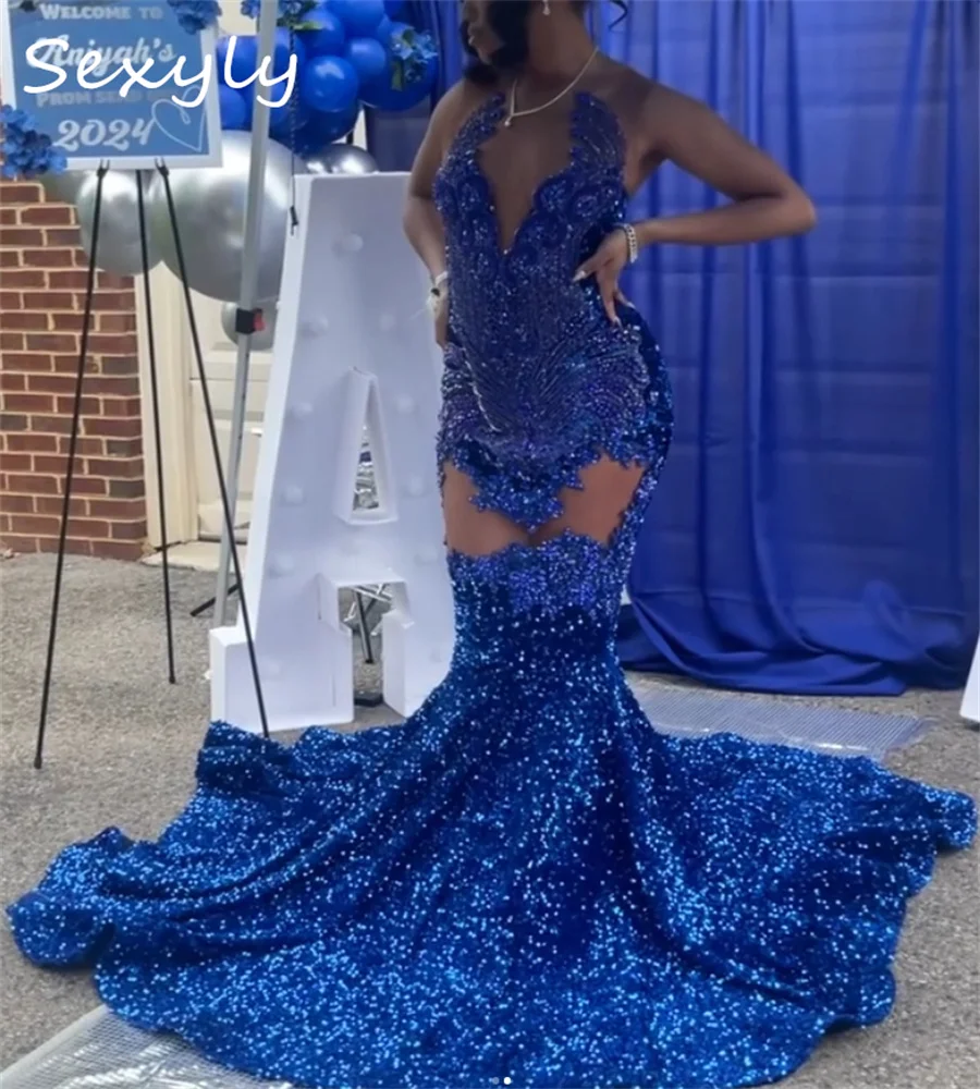 Blue Sequin Prom Dresses Rhinestone Beaded Mermaid Black Girls Evenin Dress Plus Size Glitter African Birthday Party Customized