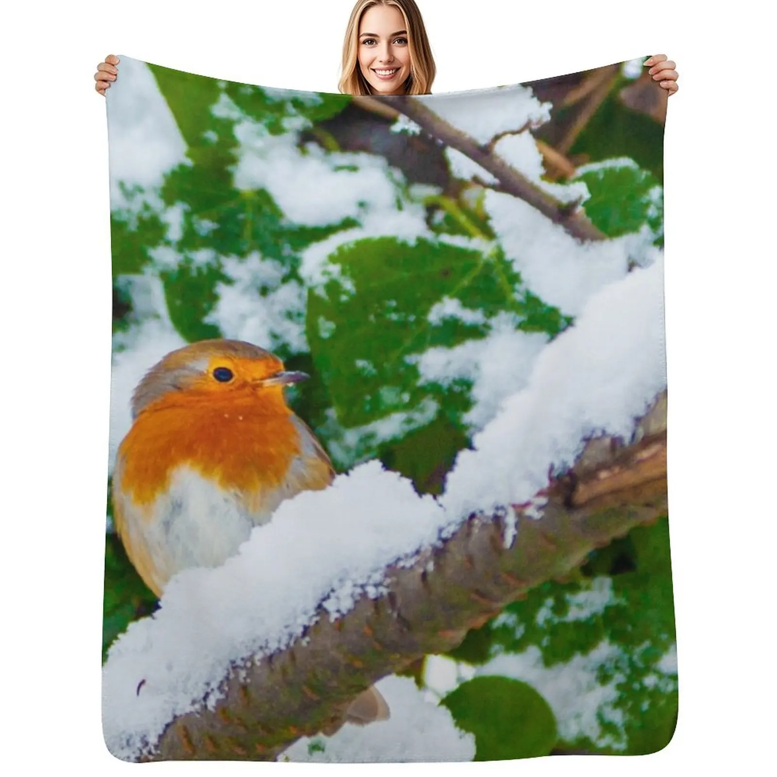Robin in the Snow Throw Blanket Soft Warm Blanket Gift for Men Women Adults