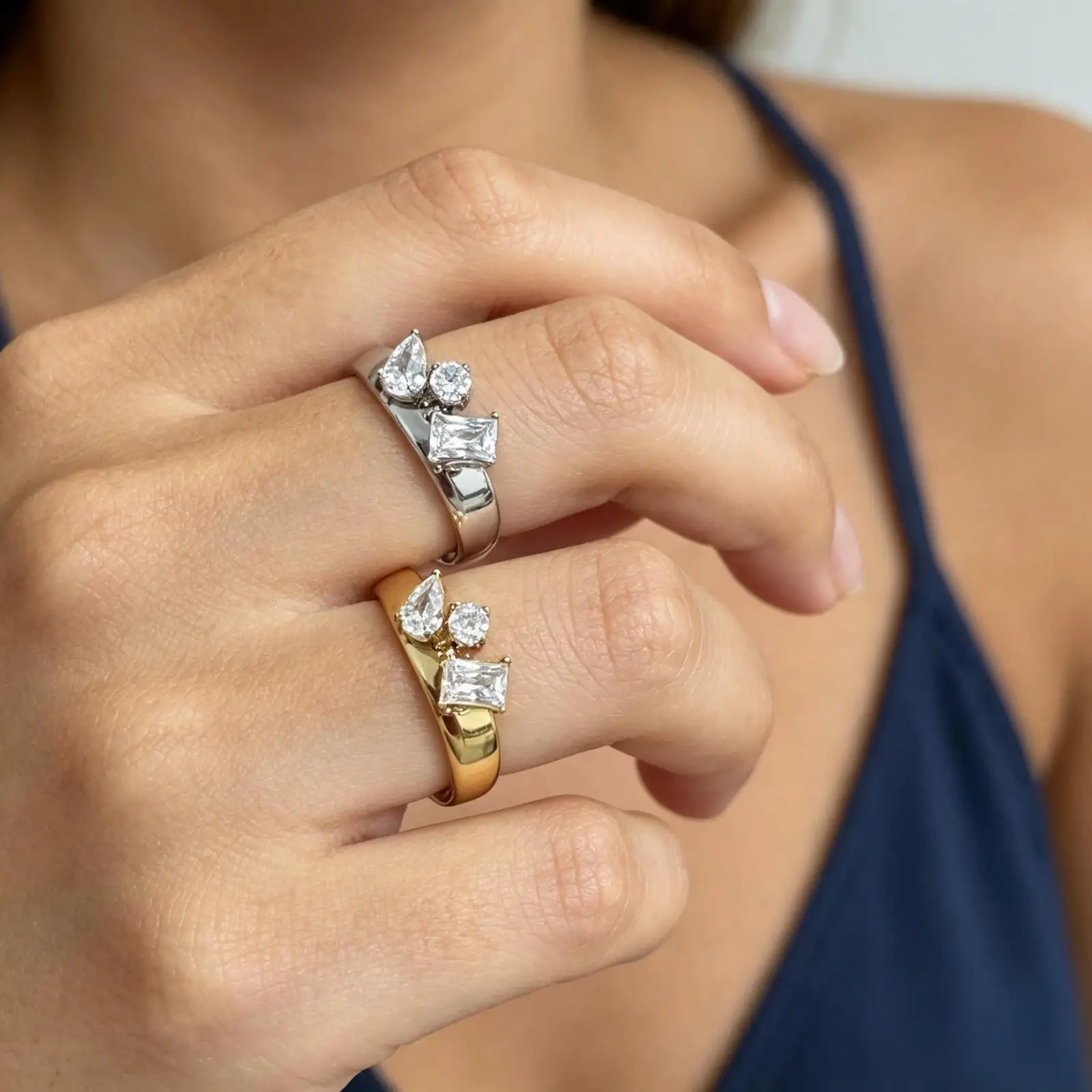 Stainless Steel Special Shaped Zircon Combination Ring for Women PVD Gold Plated Jewelry New