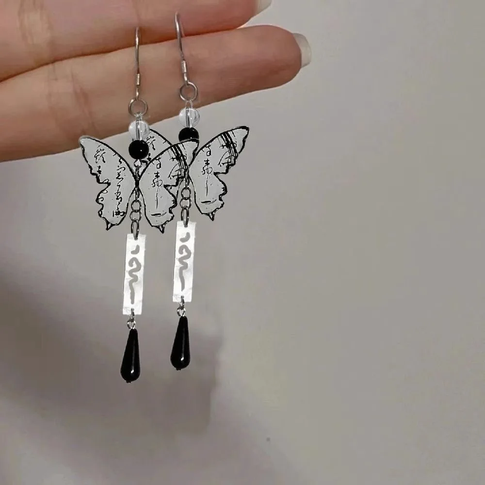 New Chinese Fashion ink painting butterfly earrings for female ancient style long Delicate tassel water drop pendant ear Hook