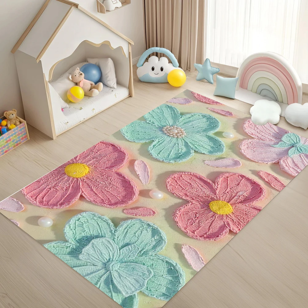 Pink & Mint Crochet Flower Print Rug Non Slip Soft Easy Clean Mat for Home Room Delicate Decor Great for Playful Spaces Home Rug