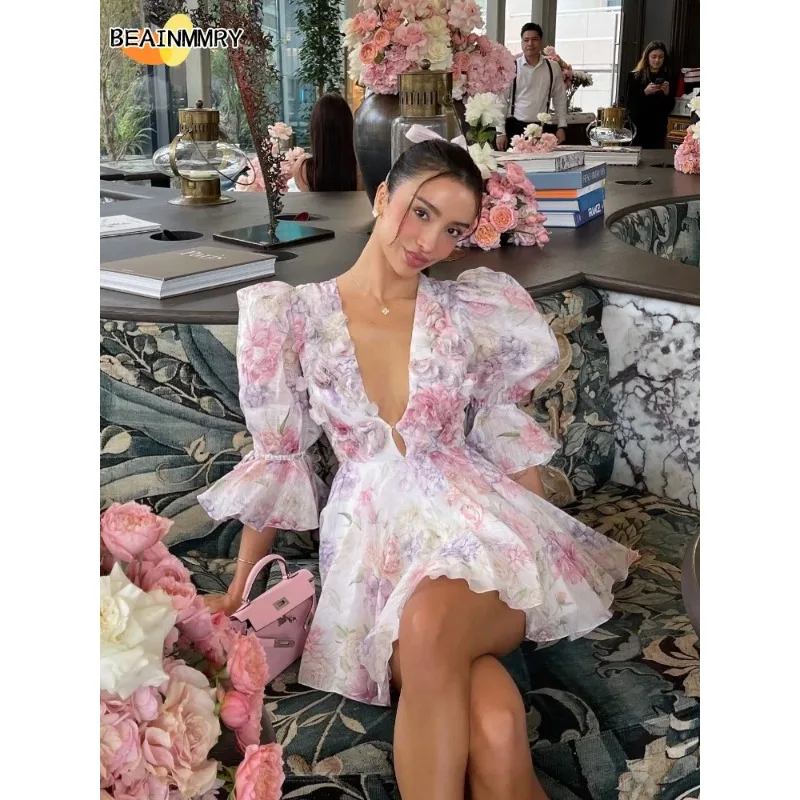 2026 Damen Trendige Bedruckte Partykleider Elegante Trompetenärmel V-Ausschnitt Plissiert Hohe Taille Vestidos Modische Schicke Abendkleider