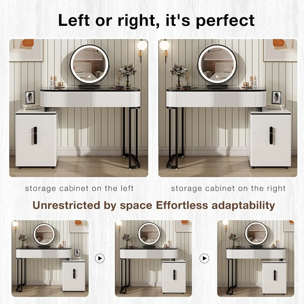 مكتب زينة صغير مع مرآة وأضواء | طاولة مكياج حديثة مع منضدة قابلة للتعديل و4 أدراج تخزين | أسود #6