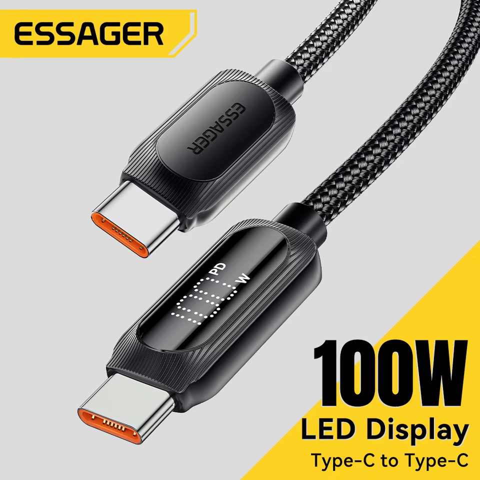  Essager USB Type C To USB C Cable 100W 5A PD Fast Charging Wire Cord For Macbook Xiaomi Samsung Type-C Digital Display Cable 3Ｍ 