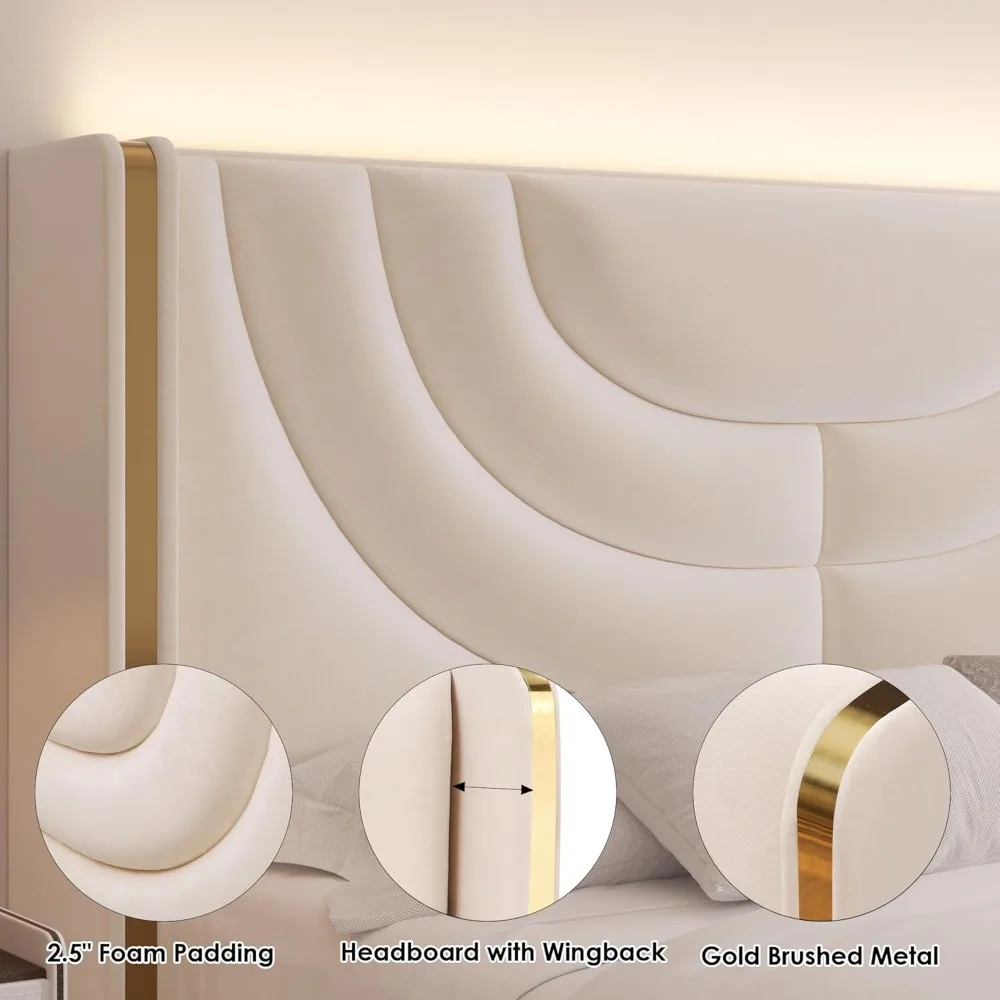 إطار سرير مخملي فاخر بإضاءة LED مع أدراج تخزين ولوح رأسي مجنح، وسرير بمنصة مع شرائح من الخشب الصلب