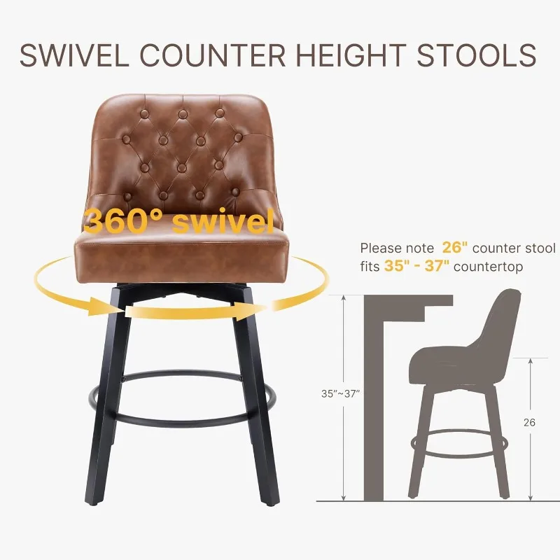 Counter Height Swivel Barstools with Back 26" H Seat Height Upholstered Fabric Bar Stools for Kitchen Island Set of 2 Brown