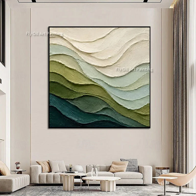 Original Thick Impasto Abstract Oil Painting, Handpainted Layered Green Mountain Wave Relief Art, Large Canvas Wall Hanging