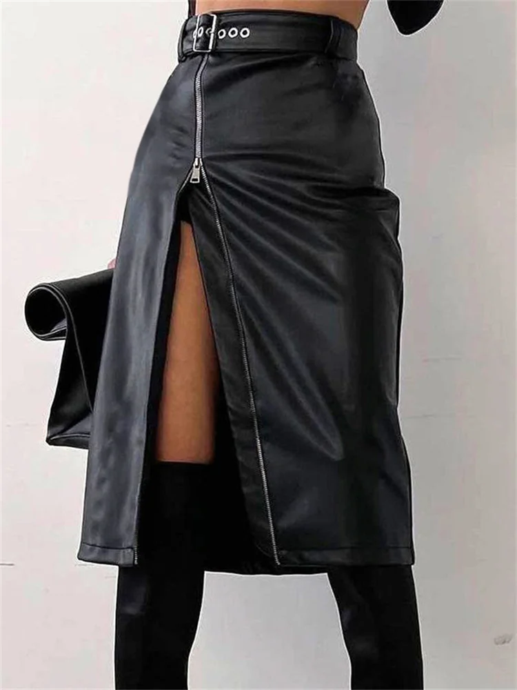 

CHRONSTYLE Black PU Leather High Waist Skirts Vintage Grunge Women Streetwear Zip Up High Split Bodycon Midi Skirts with Belt