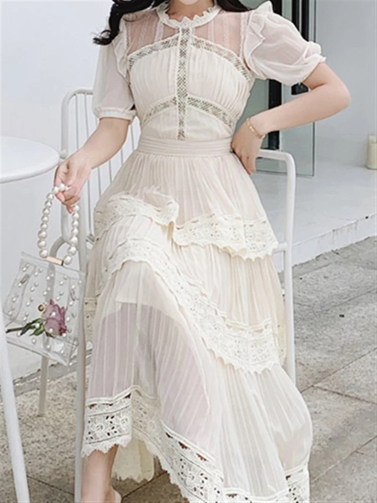 2023 Woman Lace Elegant Boho Summer Mesh Dress Solid Party Short Sleeve Sexy Dresses Women Vintage A-Line Embroidery Vestidos