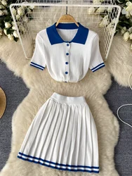 Foamlina 2 Pieces Set for Women Summer Sexy Polo Collar Short Sleeve Buttons Knit Top and Elastic Waist Mini Pleated Skirt Suits