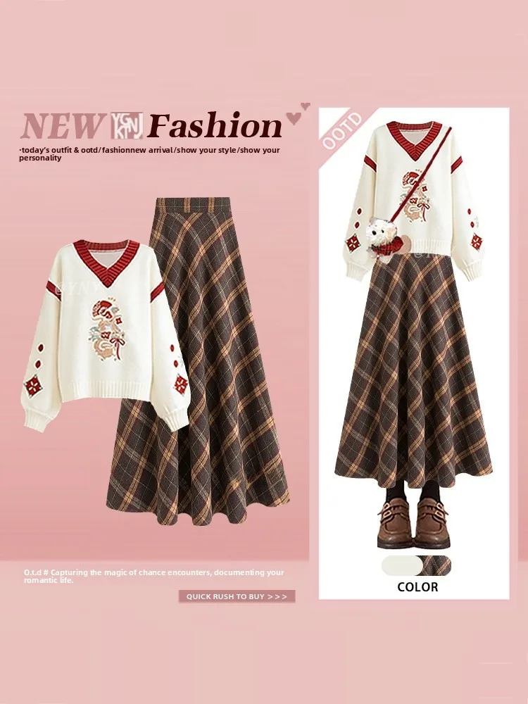 

V-Ne Knitted Sweater And Skirt Set in Plaid Pattern for Spring Faionable plus Size Clothing in Tangerine Color for N...