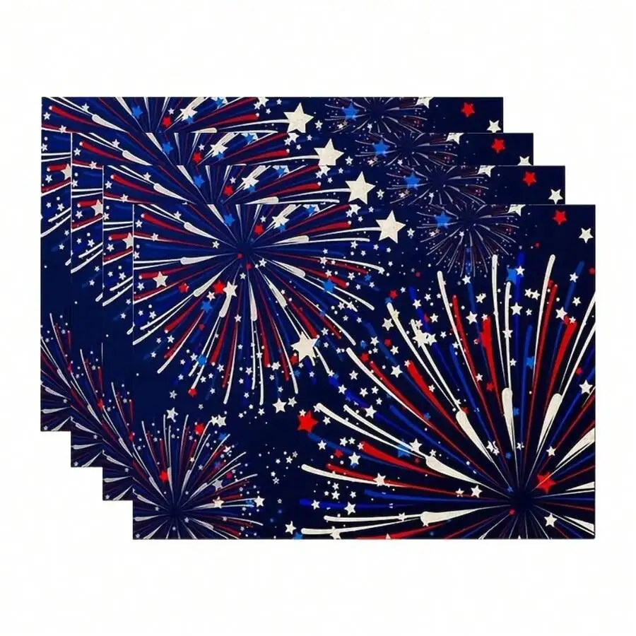 Red White Blue Fireworks Pattern Placemats For Holiday Celebrations Dining Table Use