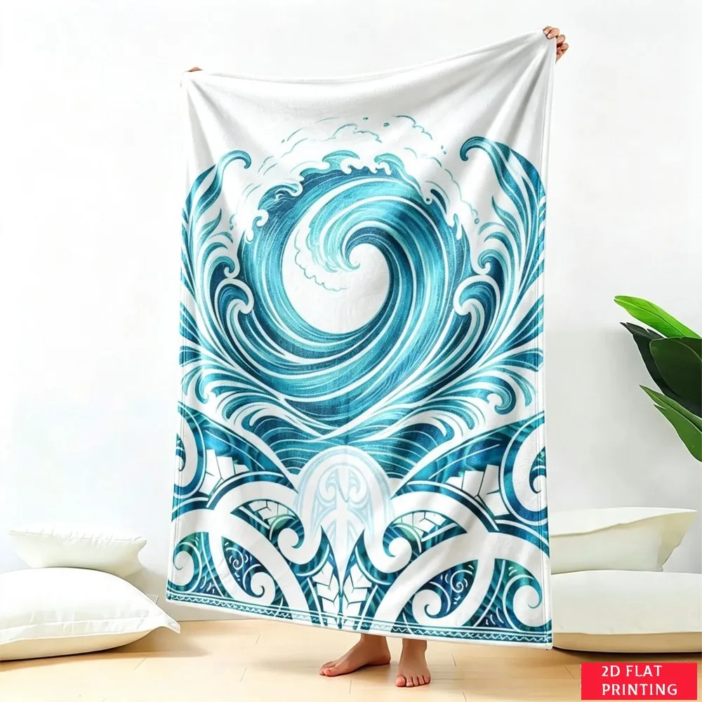 Blue White Ocean Wave Swirl Bohemian Flannel Blanket For Coastal Bedroom Decor Soft Warm Throw Blanket Gift