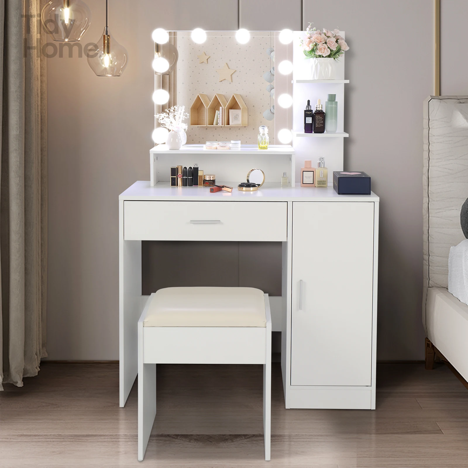 

Large Vanity Set with 10 LED Bulbs, Makeup Table with Cushioned Stool, 3 Storage Shelves 1 Drawer 1 Cabinet, Dressing Table