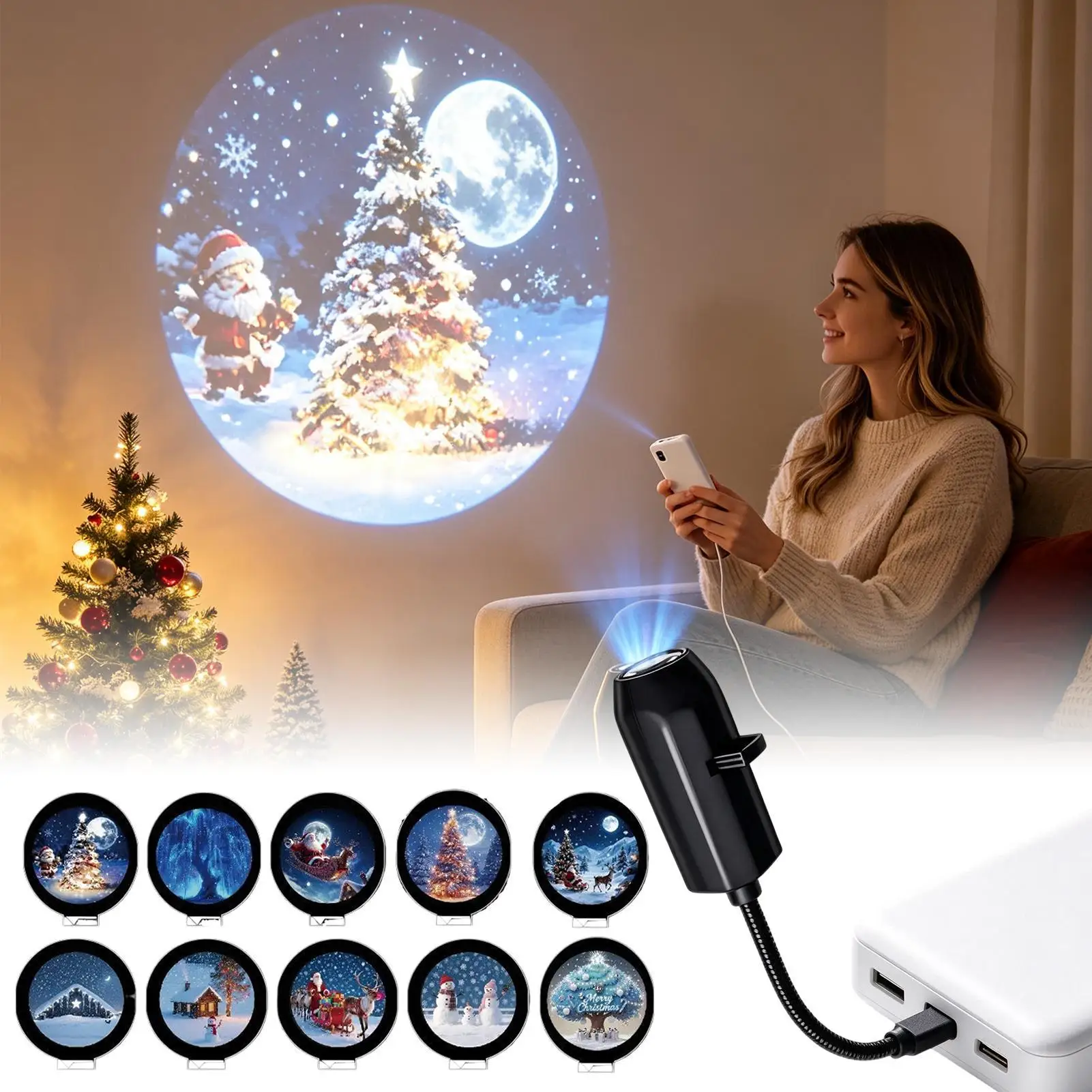 Christmas decorative Projector 10 Scenes Interchangeable USB Powered Light Indoor Christmas Projector Lights For Birthday