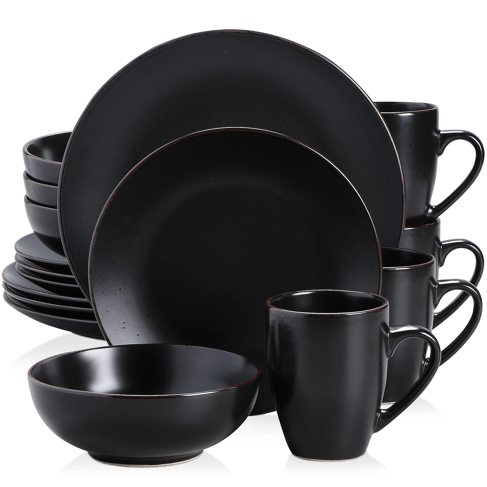 

VANCASSO MODA Series 16/32/48 Piece Pottery Dinner Set Black Stoneware Tableware Set with Dinner Plate,Dessert Plate,Bowls,Cups