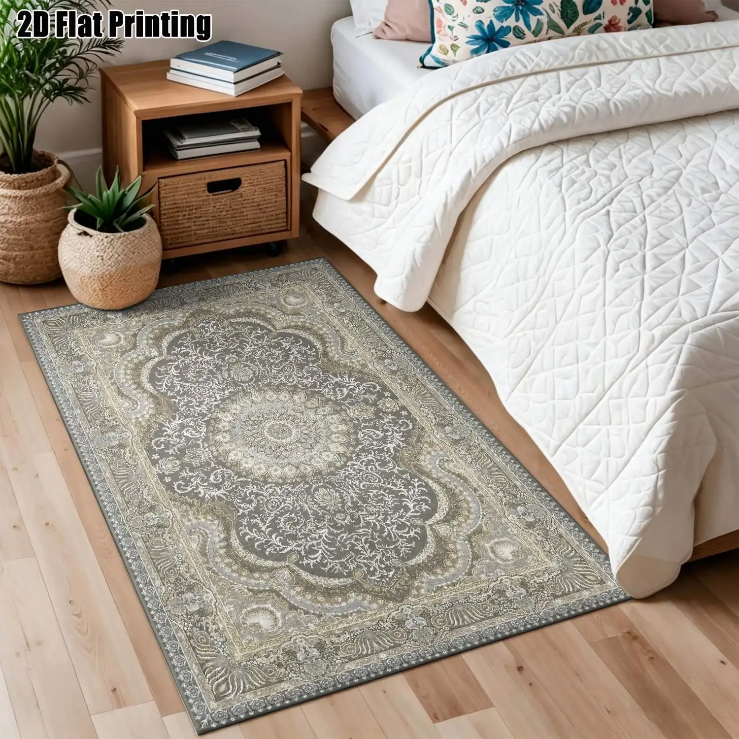 1Pc 2D Printed Carpet: Gray-Gold Retro, European/Bohemian Geometric Pattern, Home Decor Floor Mat, Multi-Size, Machine Washable, for Entrance, Living Room, Bedroom, Dining Room, Foyer