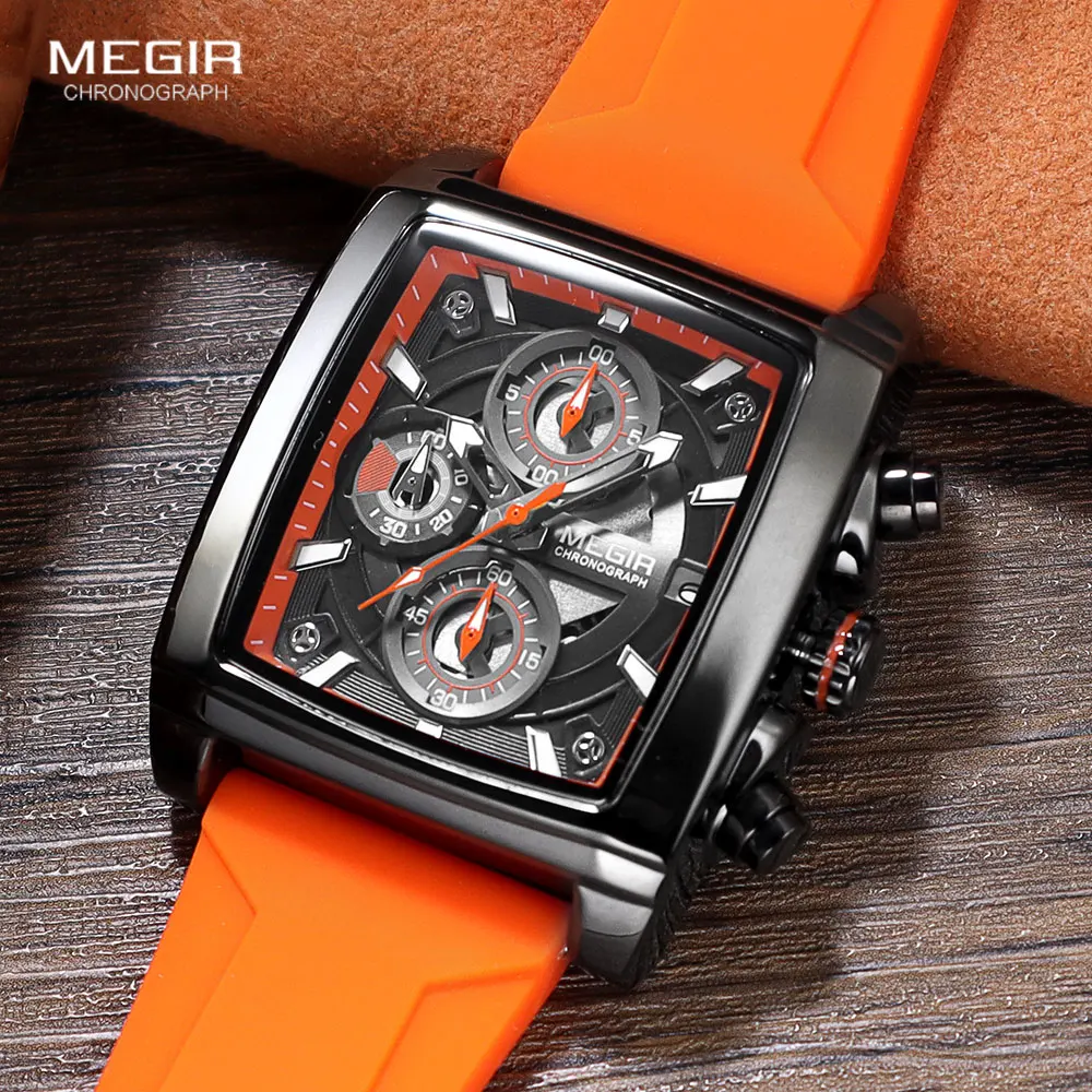 MEGIR-reloj deportivo Unisex, cronógrafo de pulsera de cuarzo, resistente al agua, con manecillas luminosas, fecha automática, esfera rectangular