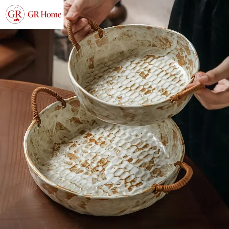 Rustic Handmade Pottery Rope Double Ear Bowl Retro Fruit Bowl Housewarming Gift