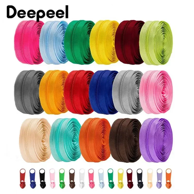 5/10M 5# Colorful Nylon Zipper Tape & Zip Puller for Sewing Bags SlipCover Schoolbag Decor Zipps Closures Repair Kit DIY Materia