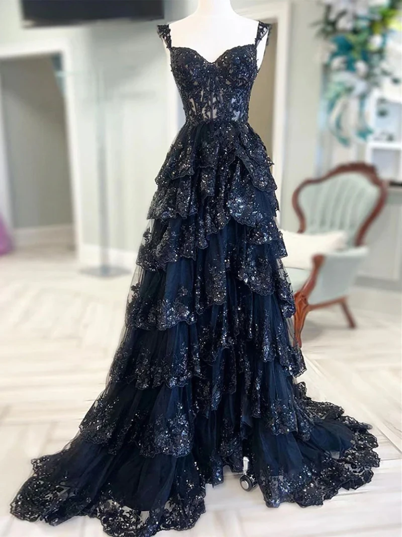 Luxury Black Prom Dresses Lace Appliques Slit Gala Formal Evening Gown For Women\'s Tiered Sequin Long Party Dresses See Through