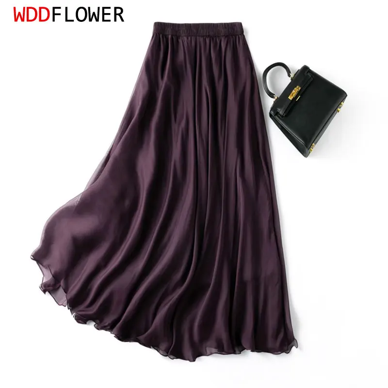 Women Silk Skirt 100% Mulberry Silk Purple With Double Lining Summer Beach Elastic Waist Vacation Skirts Office Lady Party MM795