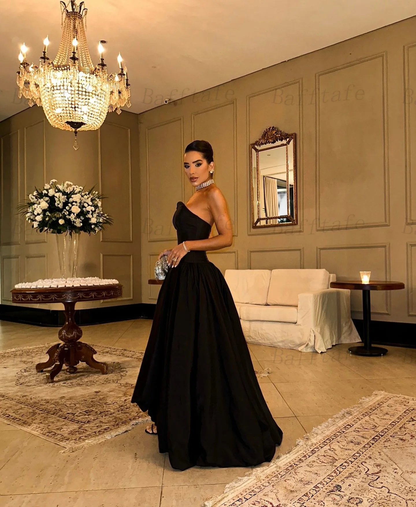 Bafftafe Customized Black Satin Prom Dresses A Line High Low Strapless Women Party Evening Gowns Formal Specail Occasion Dress