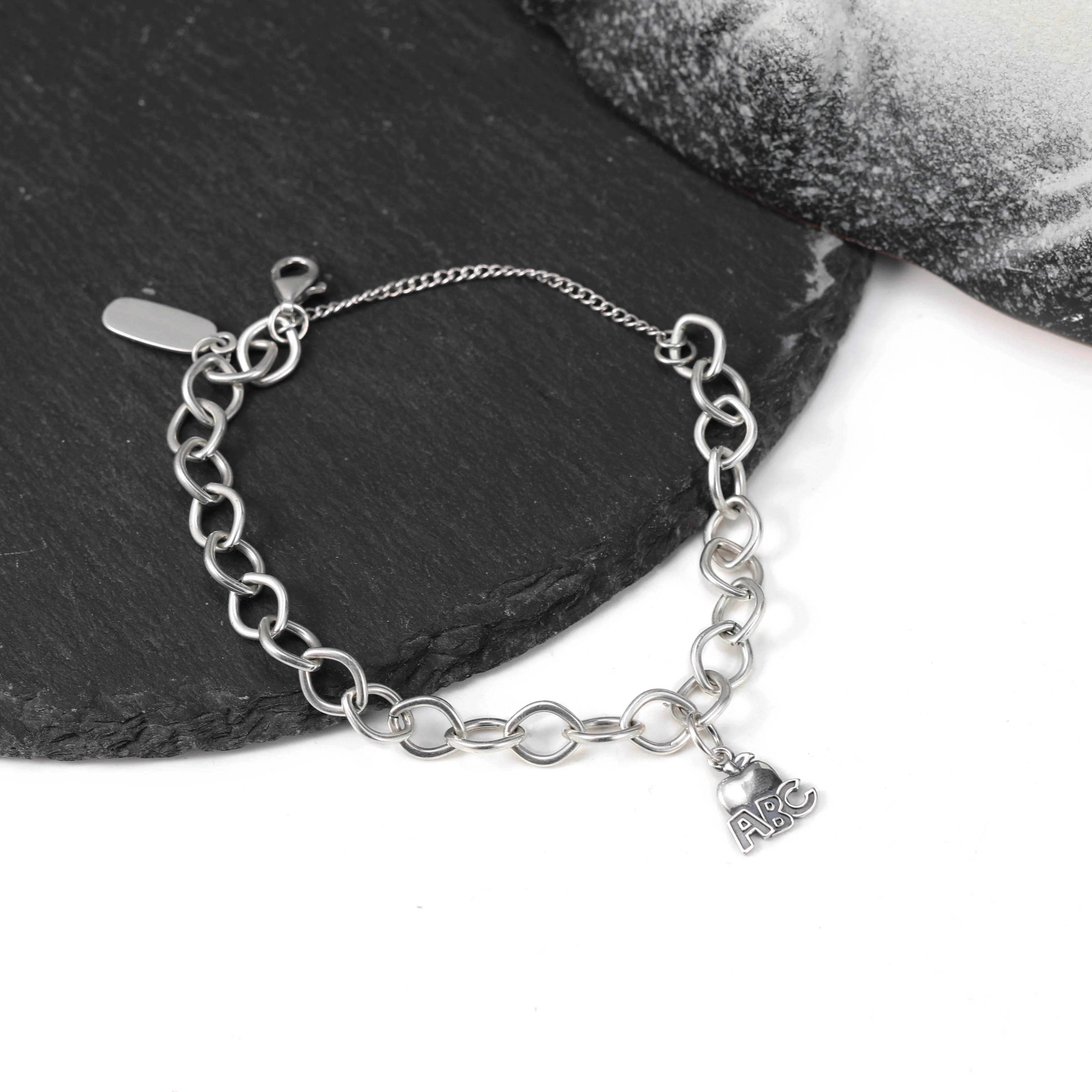 

Genuine 925 sterling silver Forged Link Charm Bracelet paired with "ABC" Apple pendant