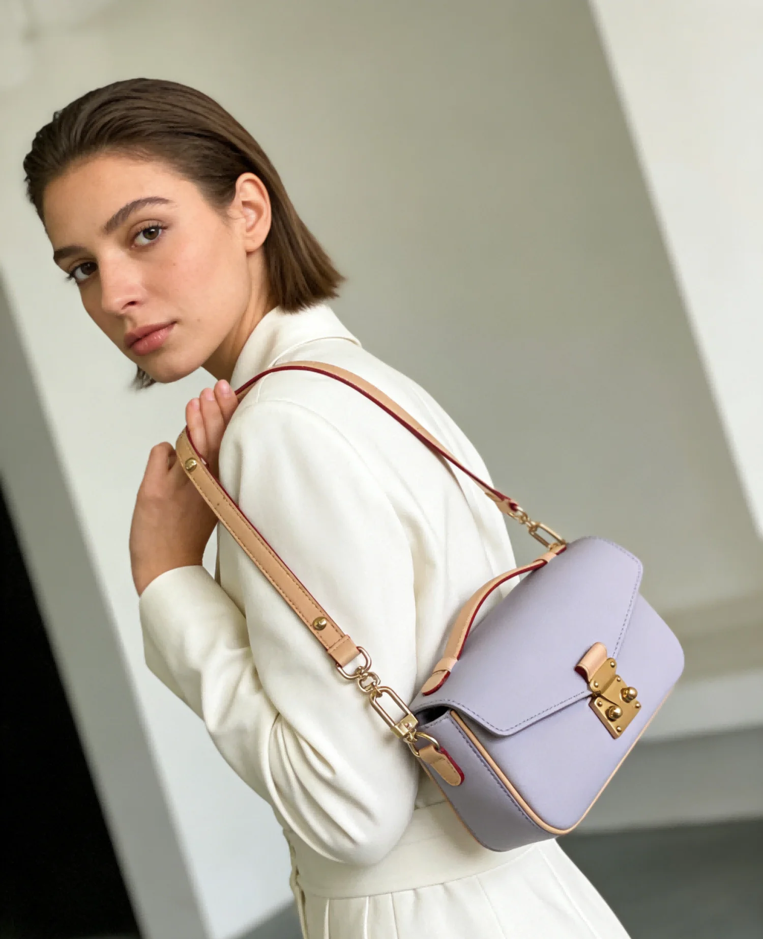 

Light Purple Contrast Trim Messenger Bag for Women, Structured Shoulder Purse, Retro Mini Handbag with Gold-Tone Clasp for Datin