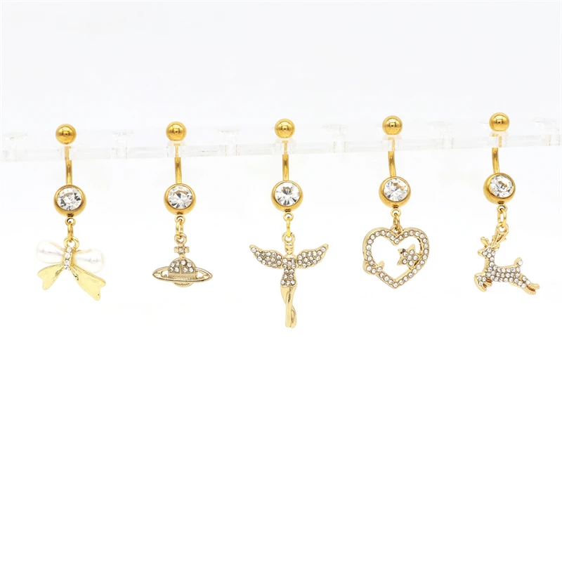 30pcs Belly Bar Navel Ring Cute Body Piercing Jewelry Heart Butterfly Key Copper Pendant Dangle 14Gauge