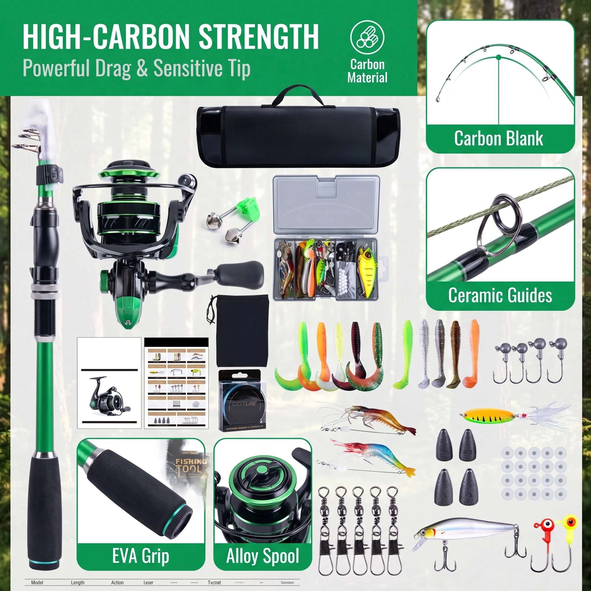 Goture Full Fishing Tackle Kit Telescopic Carbon Rod Spinning Reel Combo 66pcs Lures Tools Carry Bag,Complete Fishing Set Gift