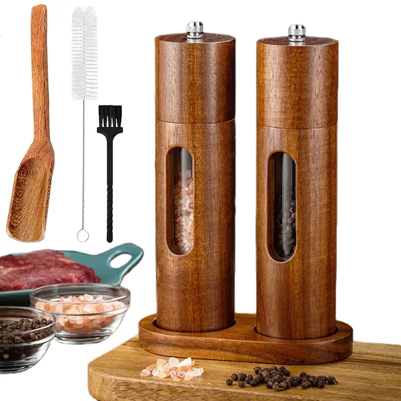 Acacia Wood Pepper Grinder Sets,Cylindrical Acrylic Solid Wood Transparent Pepper Mills Pepper Sea Salt Grinder Seasoning Bottle